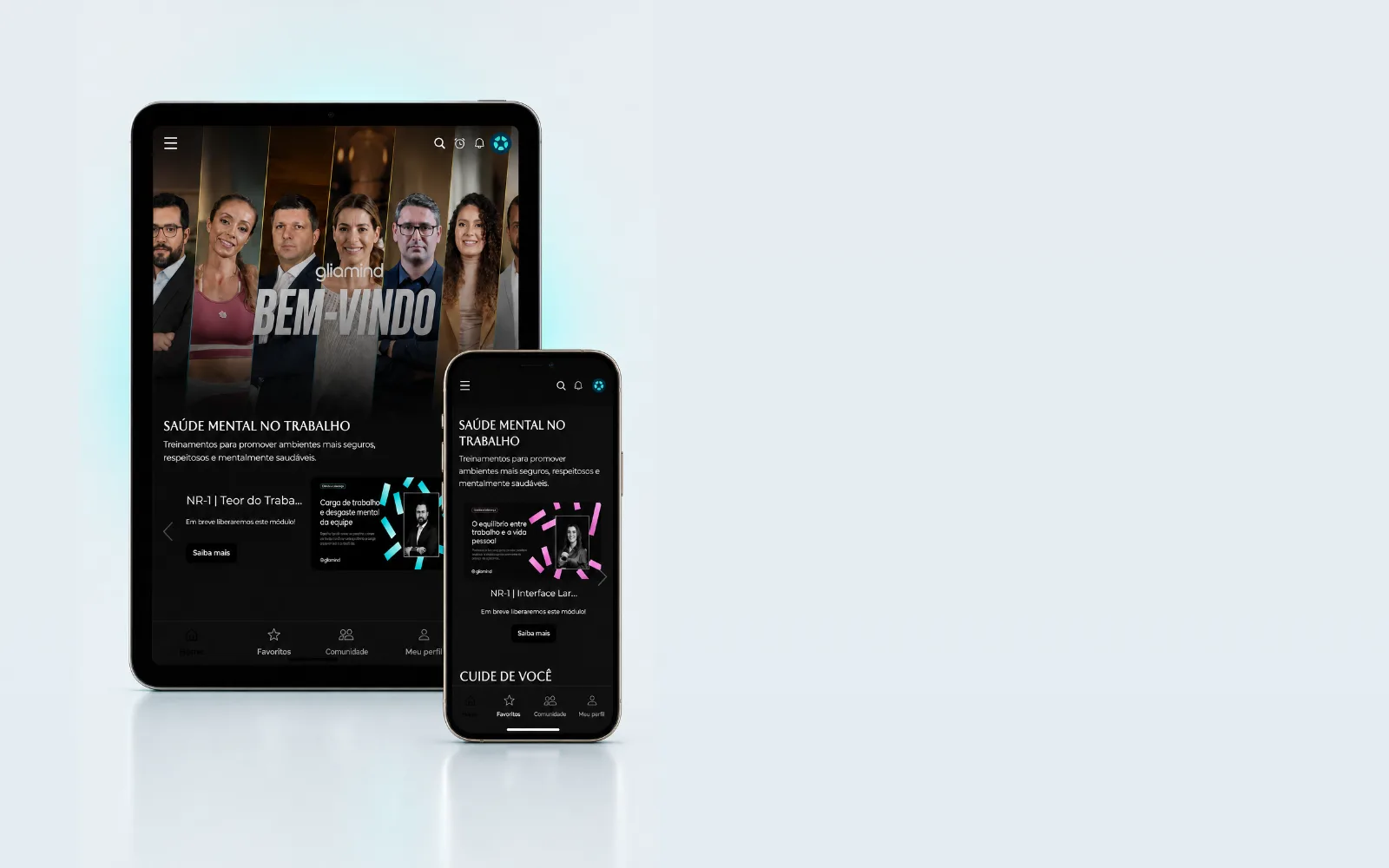 Plataforma Gliamind em tablet e celular